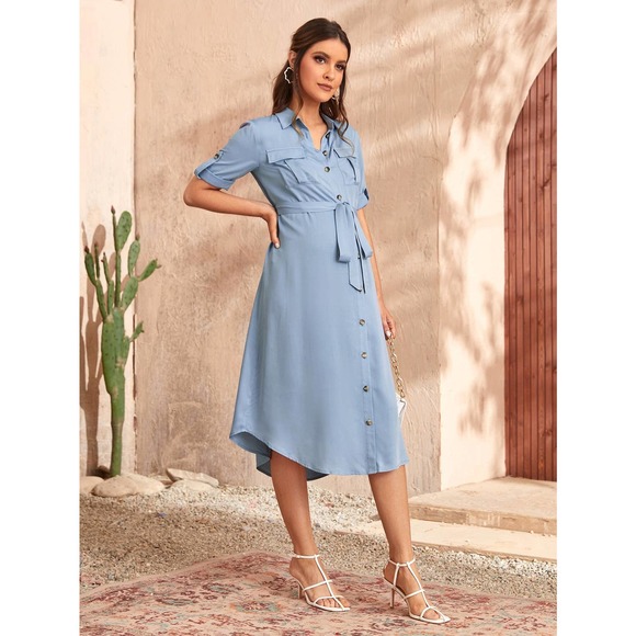 Maternity Roll Tab Sleeve Flap Pocket Belted button down shirt Dress light blue - Picture 4 of 5